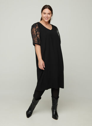 Dress with short lace sleeves and a V-neck, Black, Model image number 2