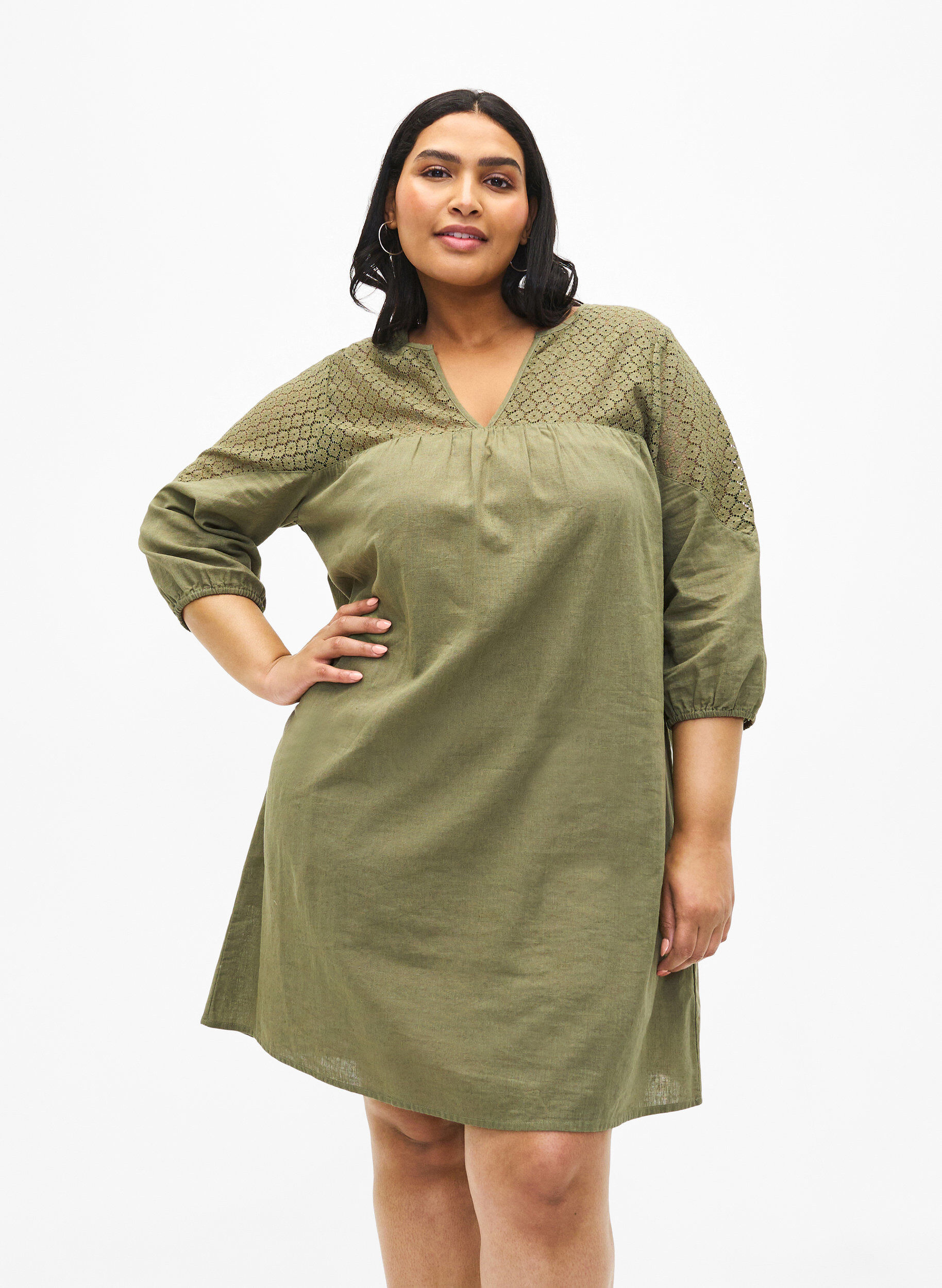 Zizzifashion Dress in a cotton blend with linen and crochet detail, Deep Lichen Green, Model image number 0