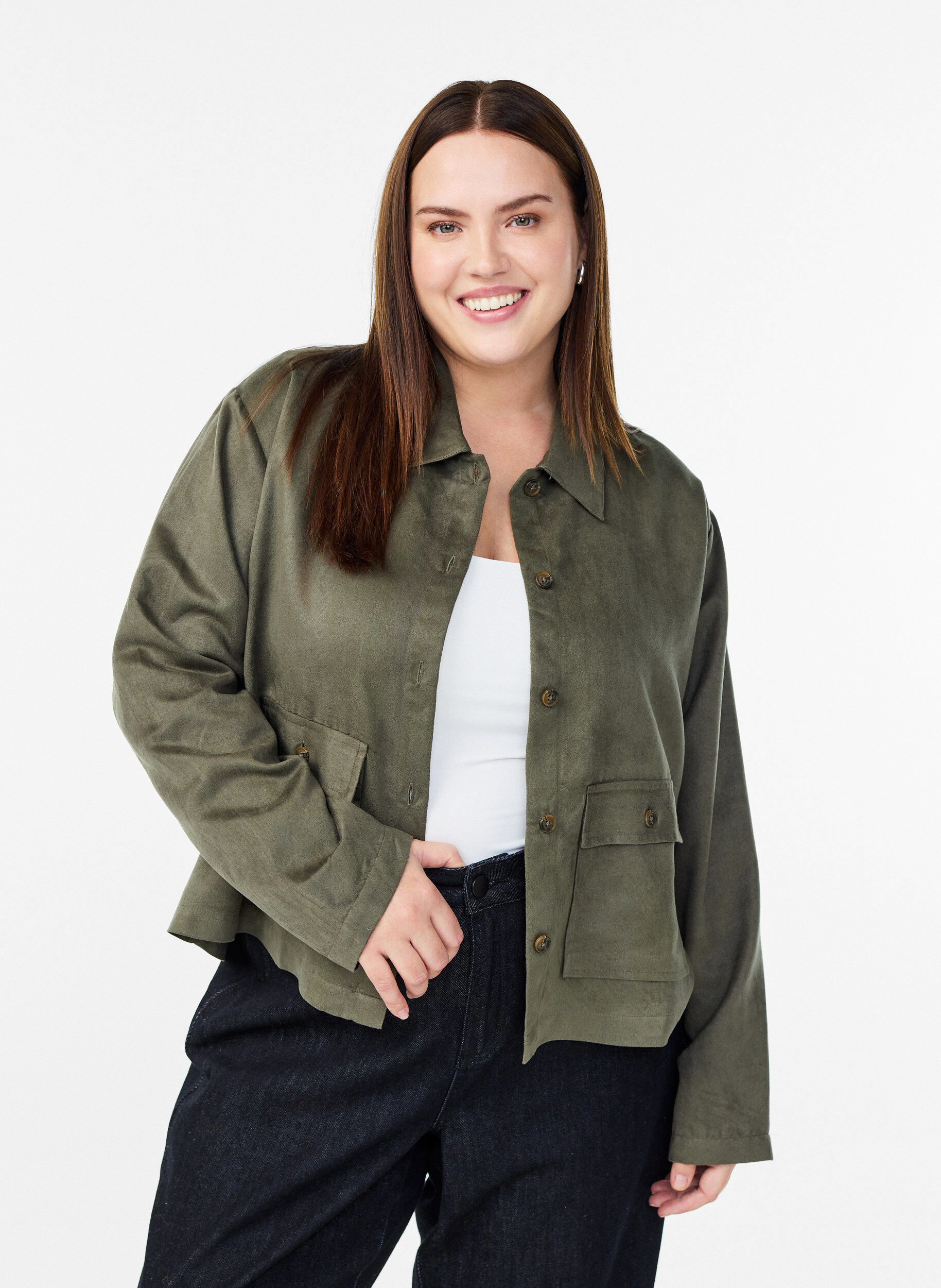 Short faux suede jacket with pockets, Green, Model