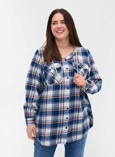 Checked shirt jacket with hood, Blue White Check, Model image number 0