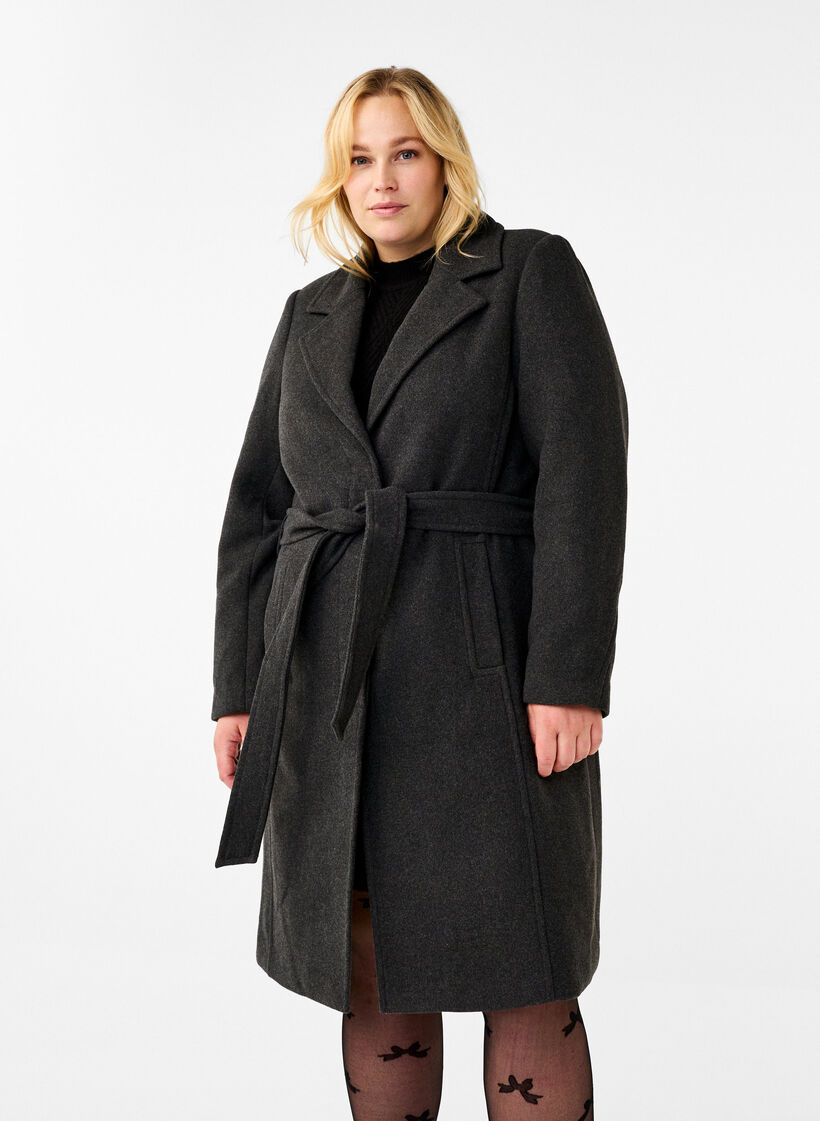 Long wool coat with belt, Dark Grey Melange, Model image number 0