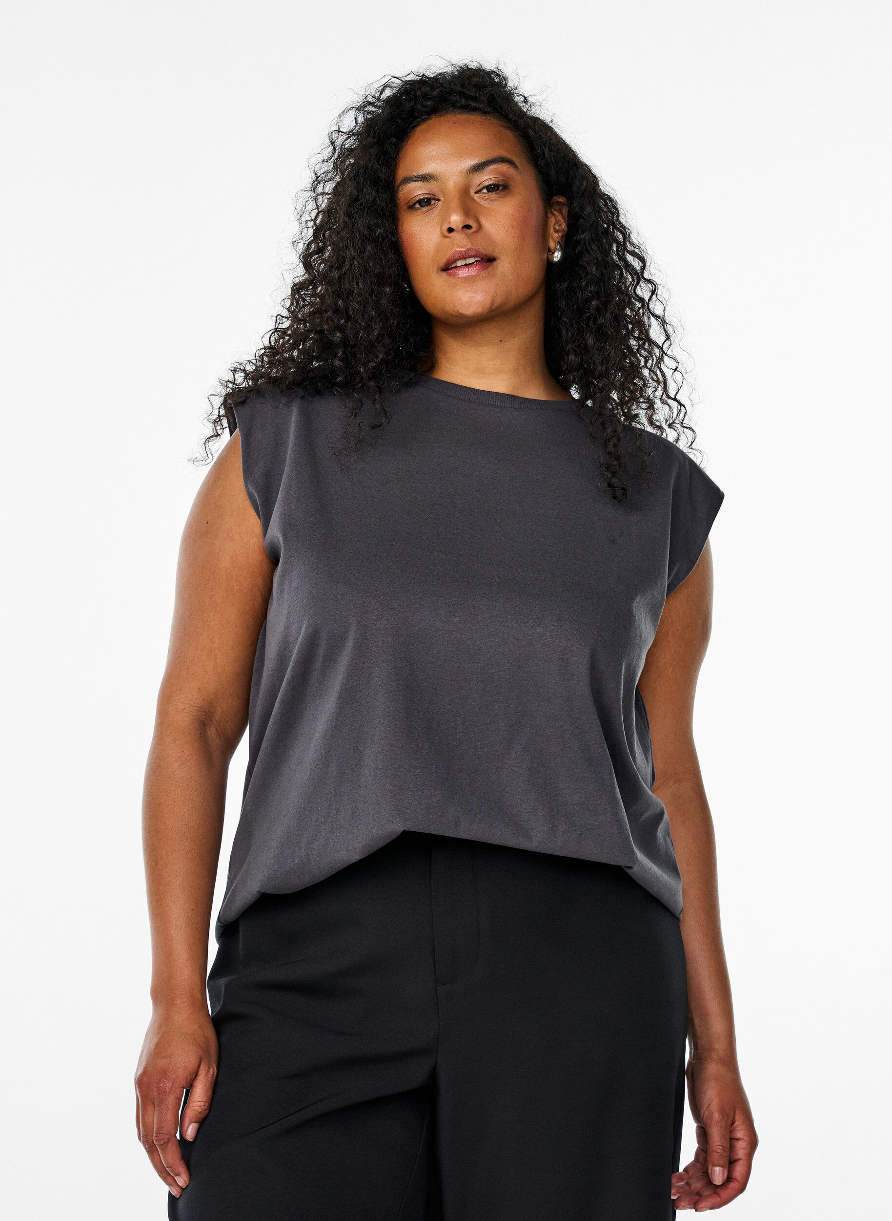 Sleeveless jersey blouse with shoulder pads, Dark Grey, Model