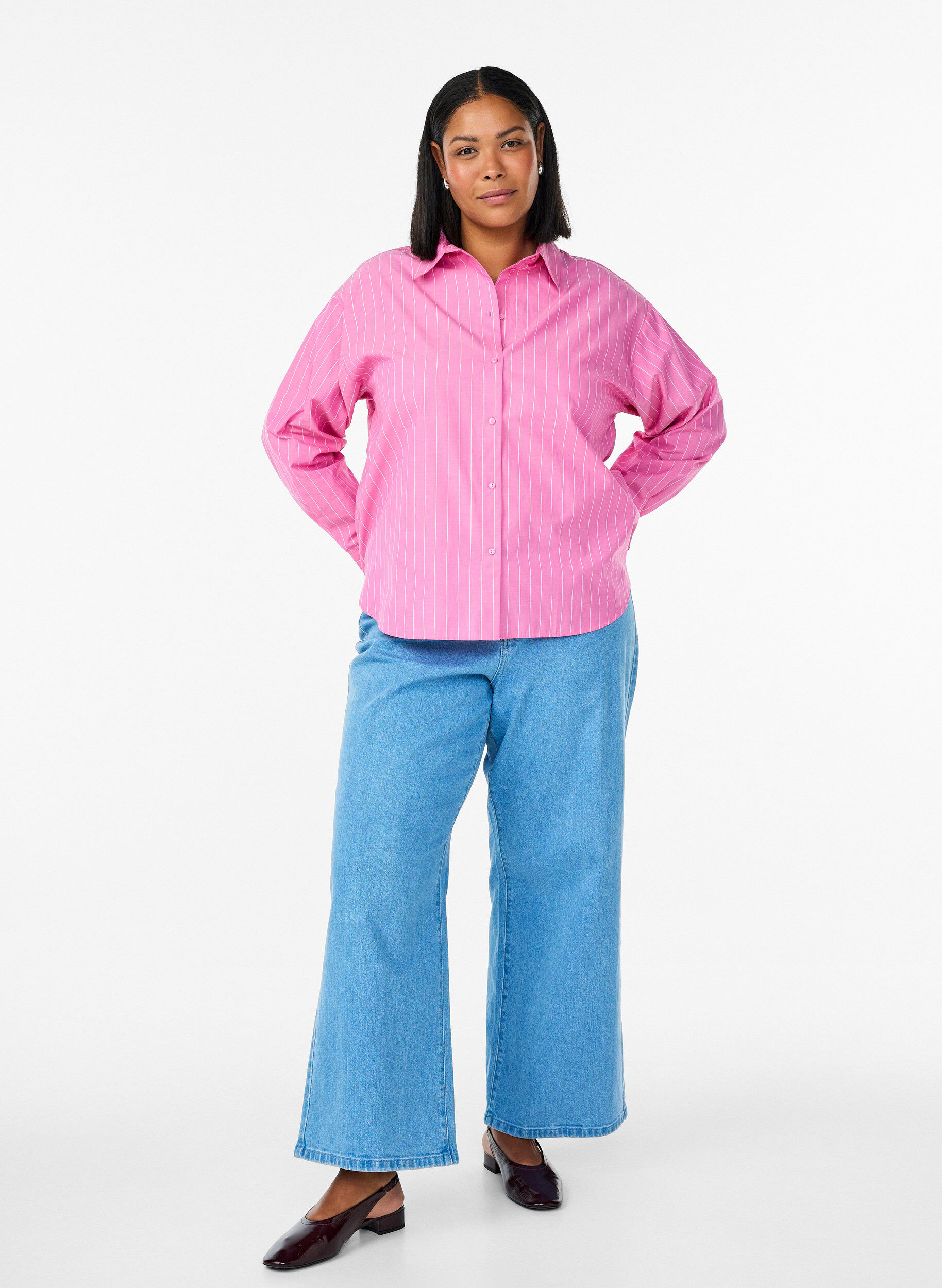 Zizzifashion Shirt blouse with pinstripes and tie detail at the back, Pink, Model image number 1