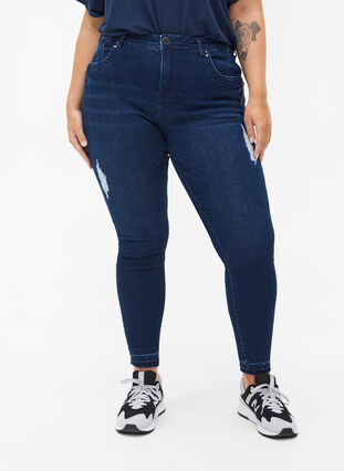 Super slim Amy jeans with distressed look, Dark blue denim, Model image number 2
