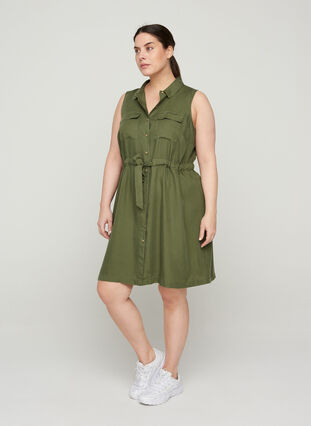 Sleeveless shirt dress with adjustable waist, Kaki Green, Model image number 2