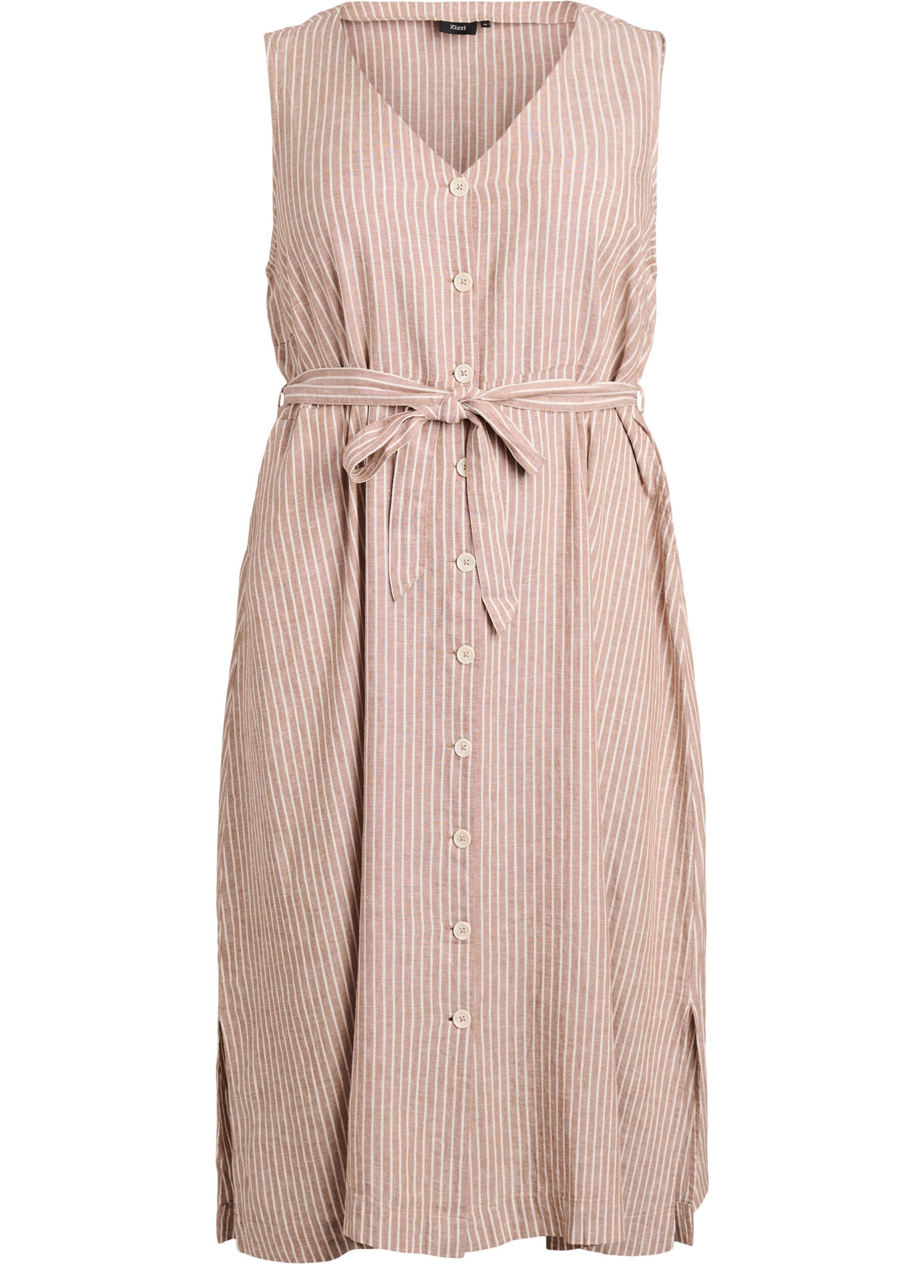 Zizzifashion Sleeveless striped midi dress in linen and viscose, Beige, Packshot image number 0