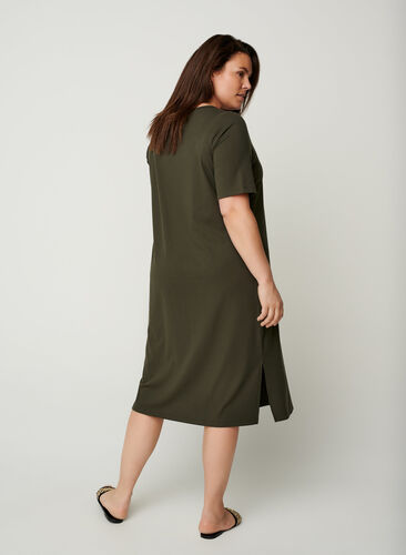 Short-sleeved ribbed dress, Dark Green, Model image number 1