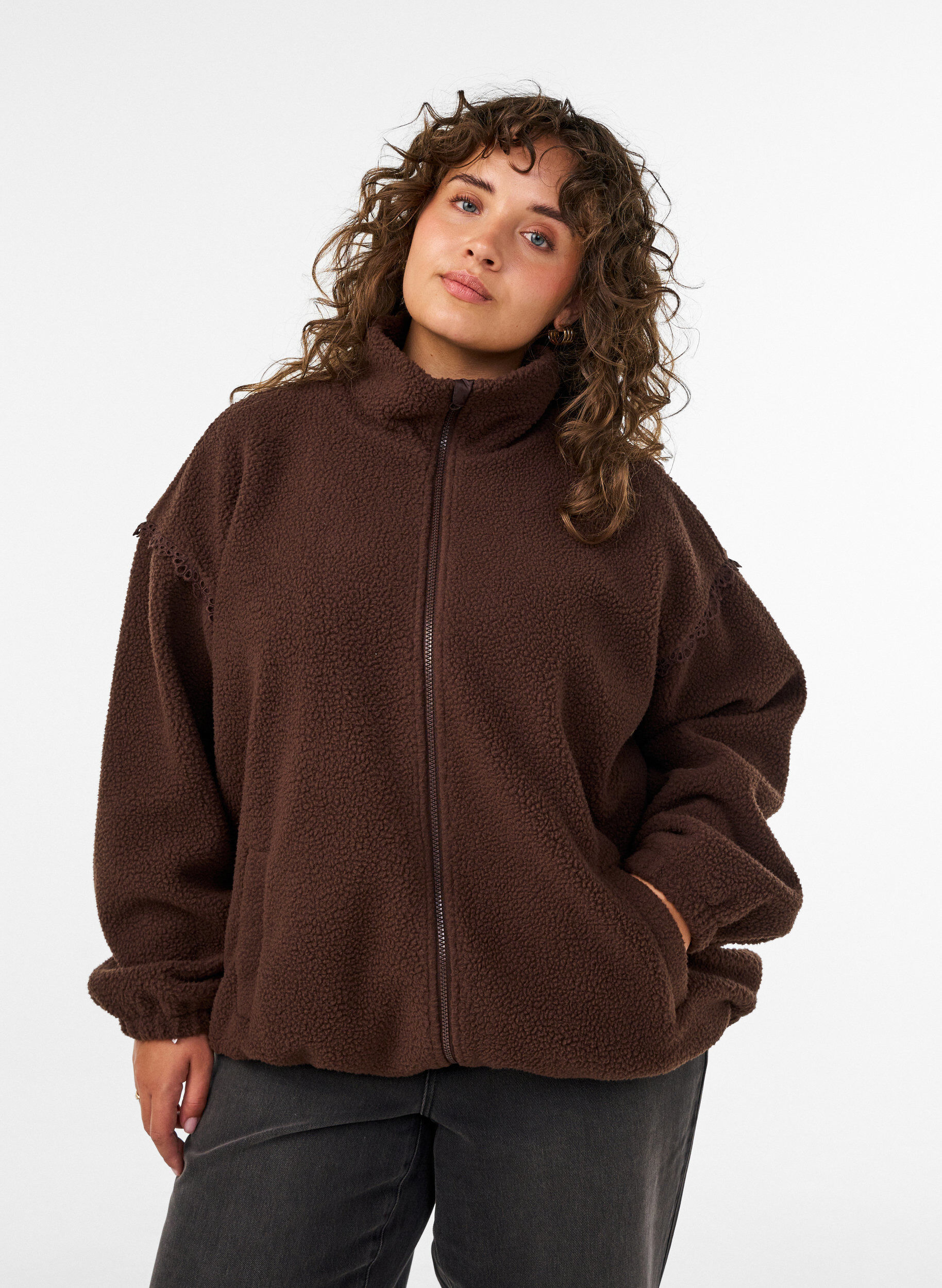 ZizzifashionTeddy jacket with eyelet embroidery trim and high collar, Brown, Model image number 0