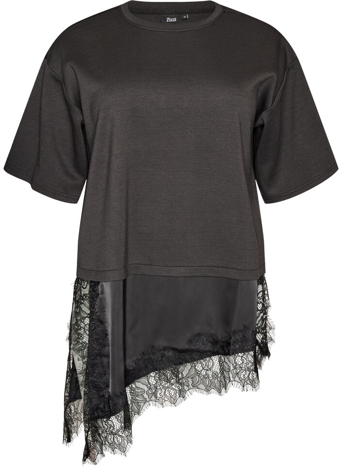 Jersey blouse with a layered look and lace, Black, Packshot image number 0