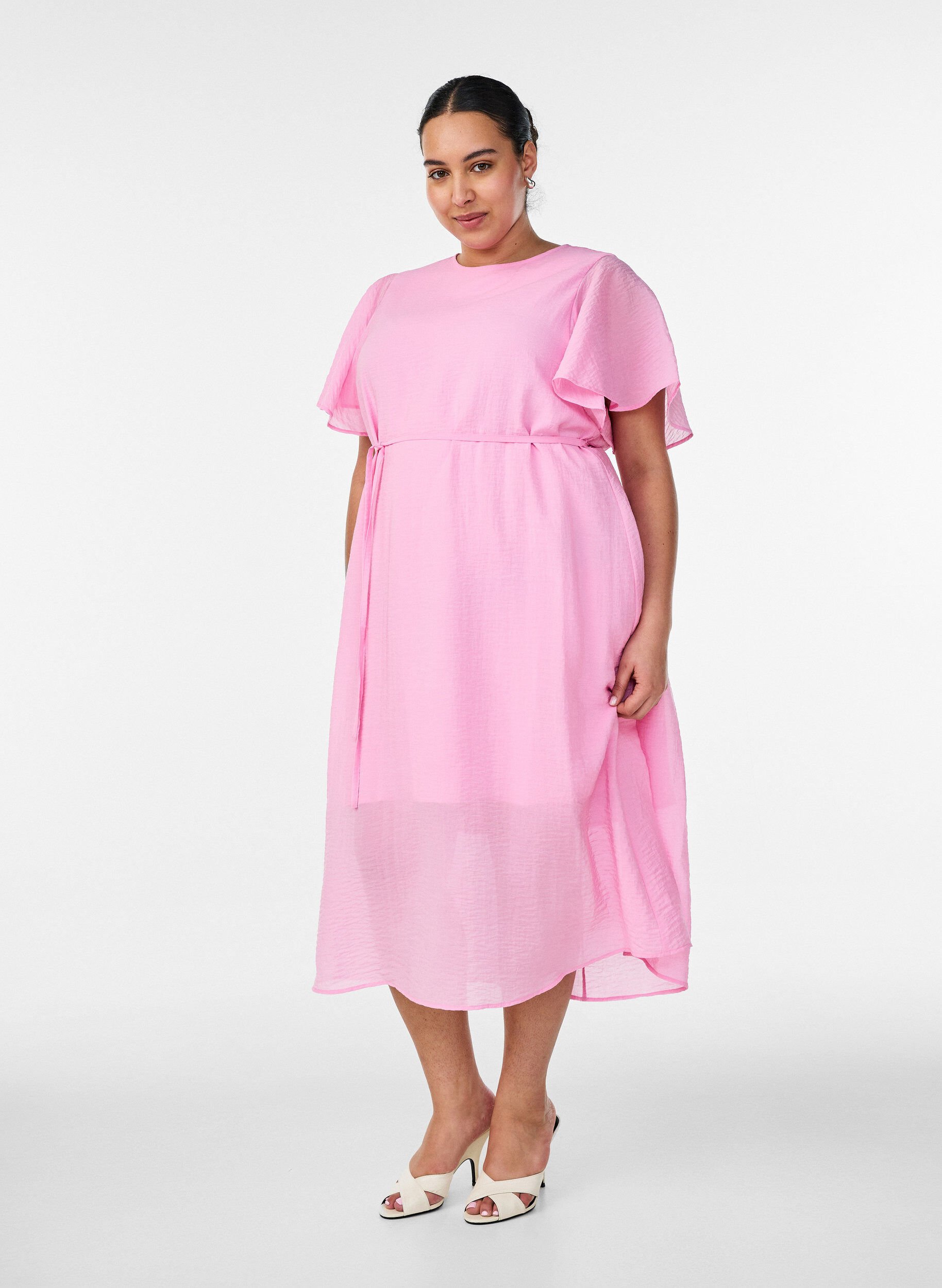 Zizzifashion Ankle-length dress with flutter sleeves and tie-waist, Pink, Model image number 0