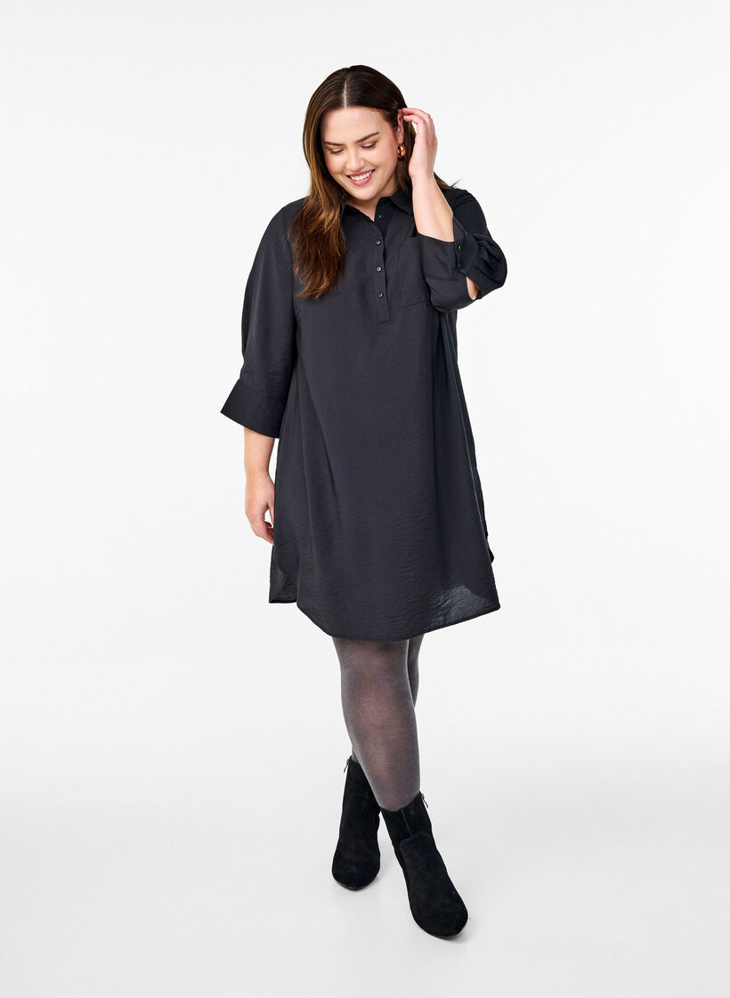 Short dress with collar and chest pocket, Black, Model image number 1