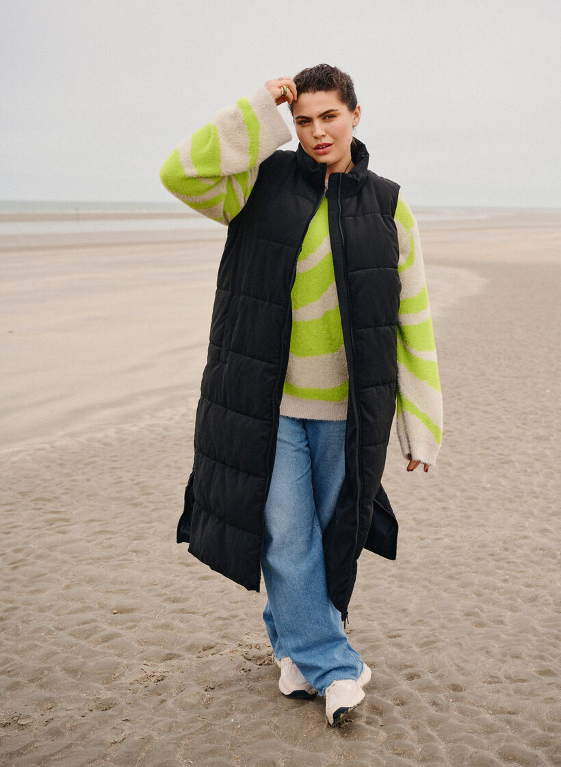 Long vest with high collar and pockets, Black, Image image number 0