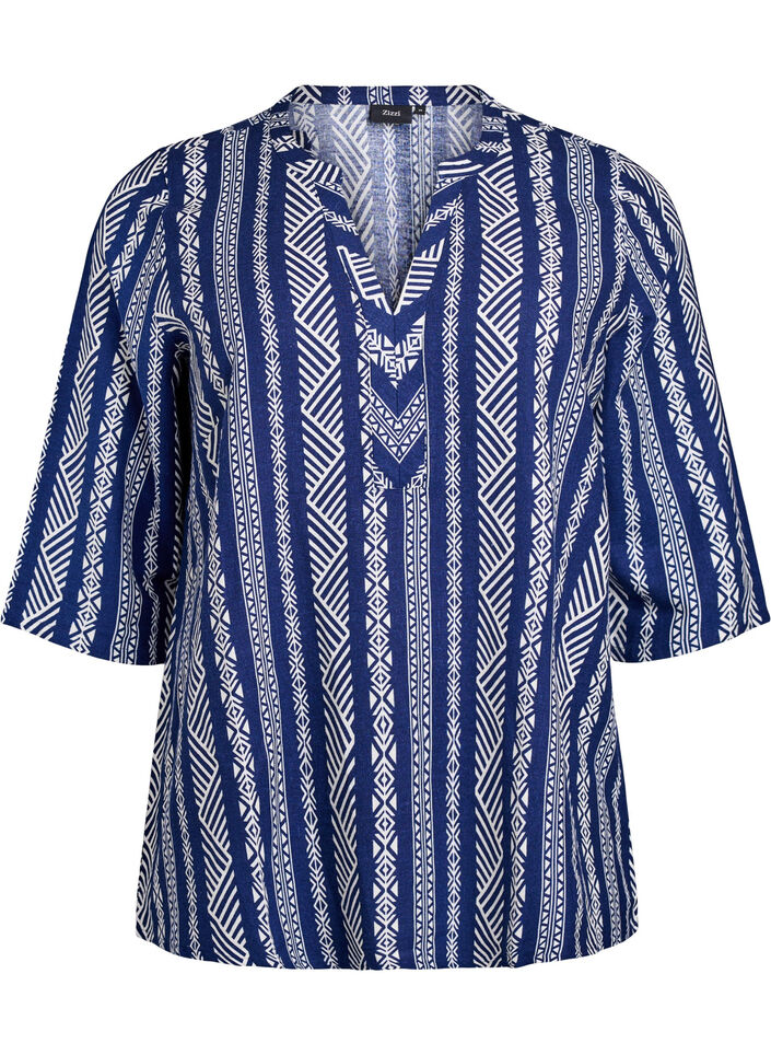 Striped blouse in linen-viscose blend, Blue, Packshot image number 0