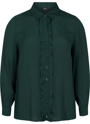 Viscose shirt with buttons and frill details, Scarab, Packshot image number 0
