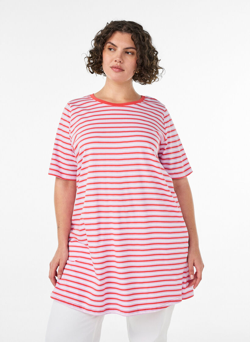Long oversized striped T-shirt in organic cotton, Purple, Model image number 0