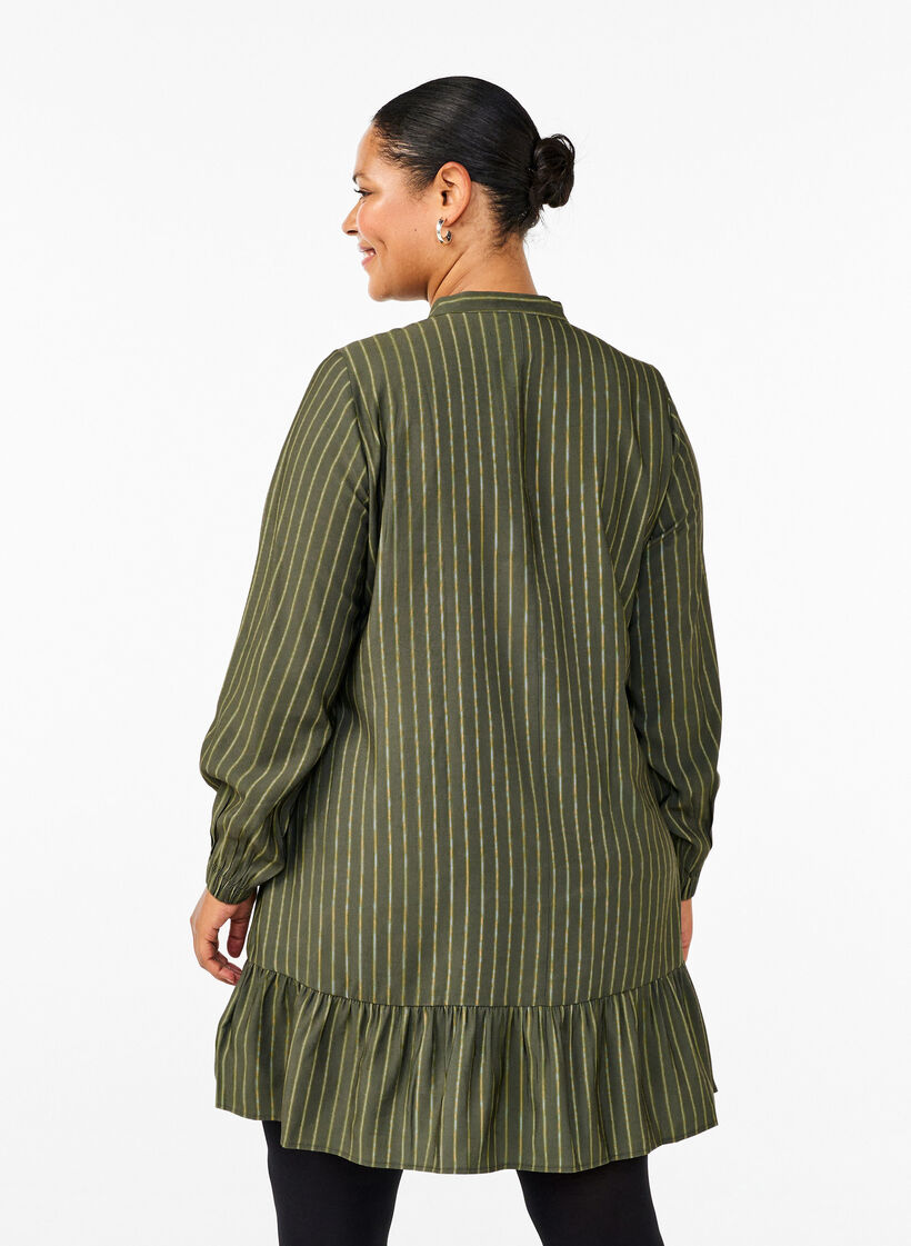 Short striped dress with ruffle detail, Thyme Stripe AOP, Model image number 1