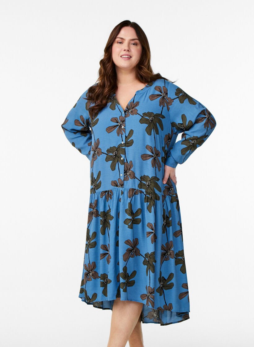 Printed viscose midi dress with long sleeves, Blue, Model image number 0