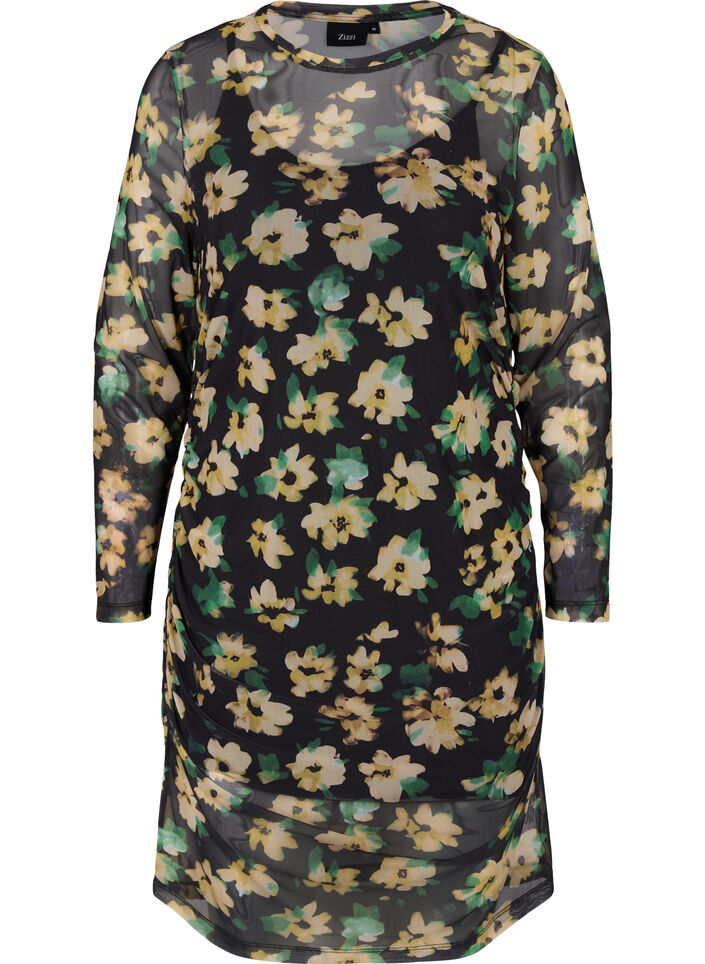 Close-fitting mesh dress with 3/4 sleeves, Yellow Green AOP, Packshot image number 0