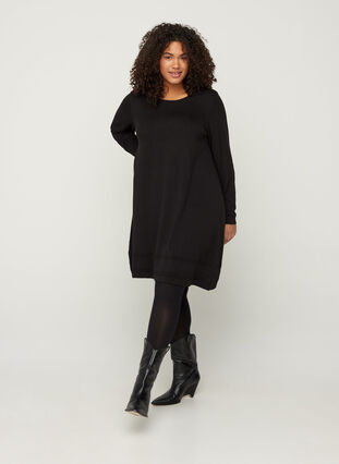 Long-sleeved knitted dress with an A-line shape, Black, Model image number 2