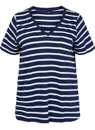 Striped cotton t-shirt with v-neckline, Navy B White Stripe, Packshot image number 0