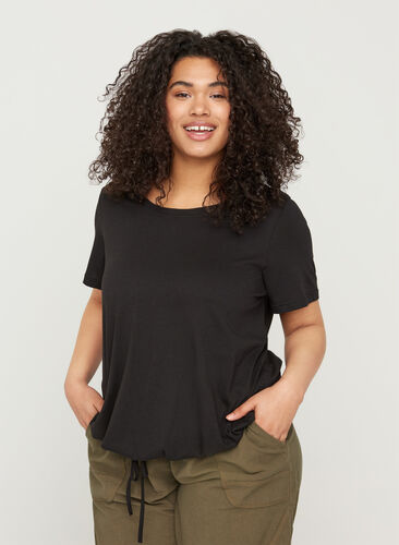 Short-sleeved t-shirt with adjustable bottom hem, Black, Model image number 0