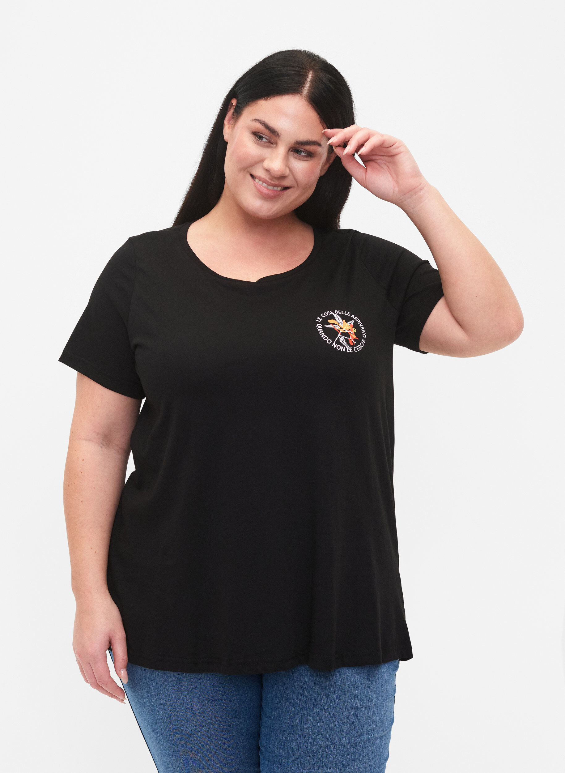 Zizzifashion Cotton t-shirt with print on the front, Black W. Chest print, Model image number 0