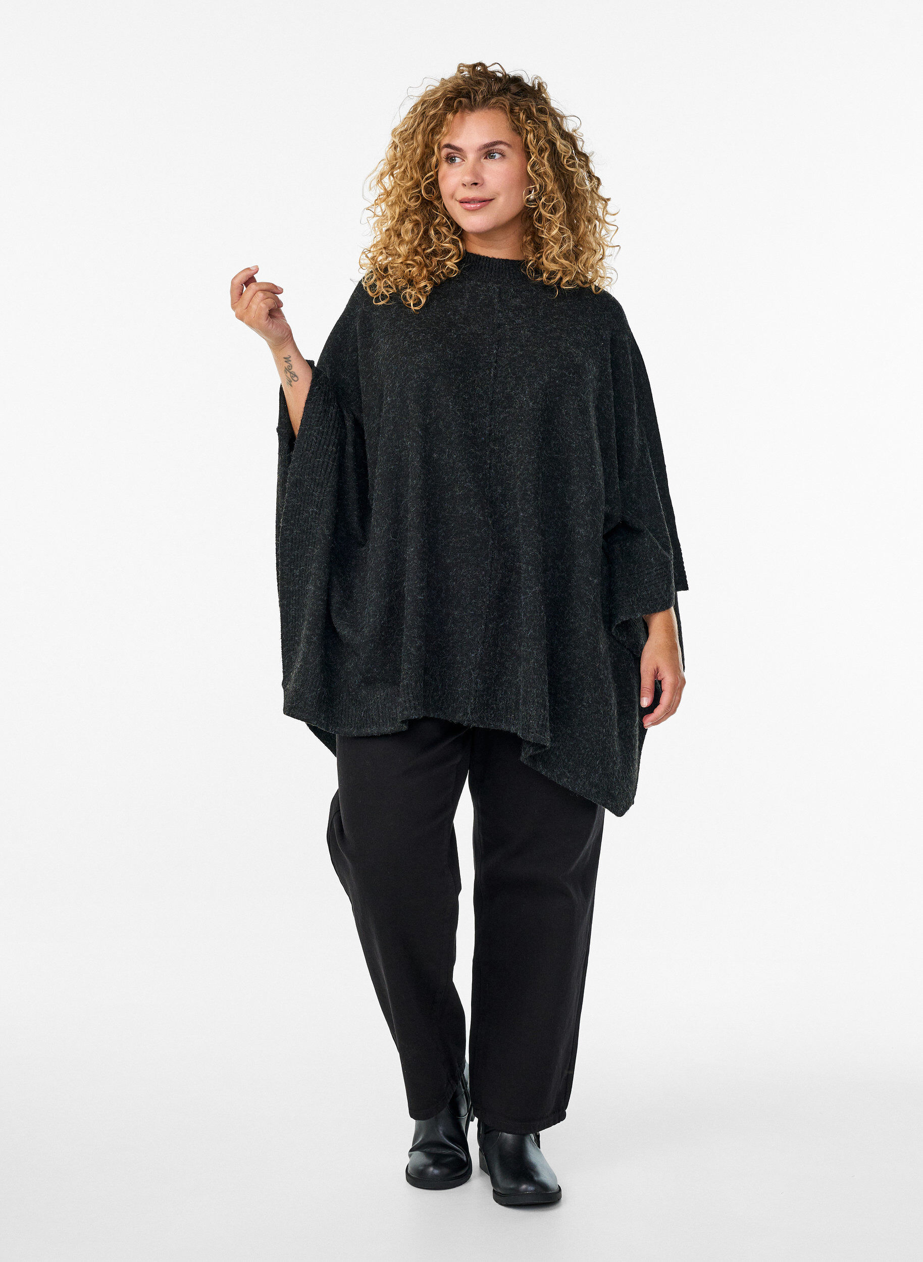 Zizzifashion Poncho with rib details and a round neck, Dark Grey, Model image number 1
