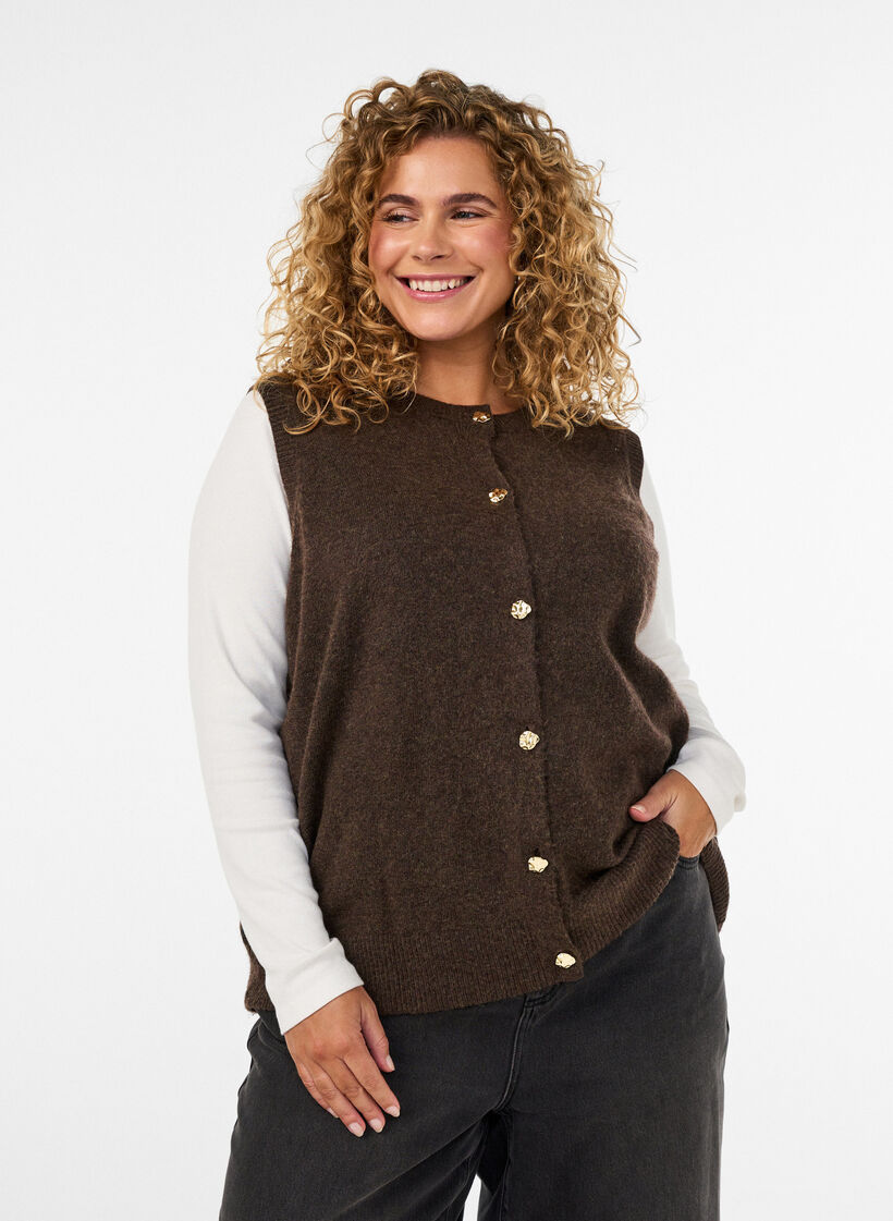 Knitted vest with decorative buttons, Brown, Model image number 0