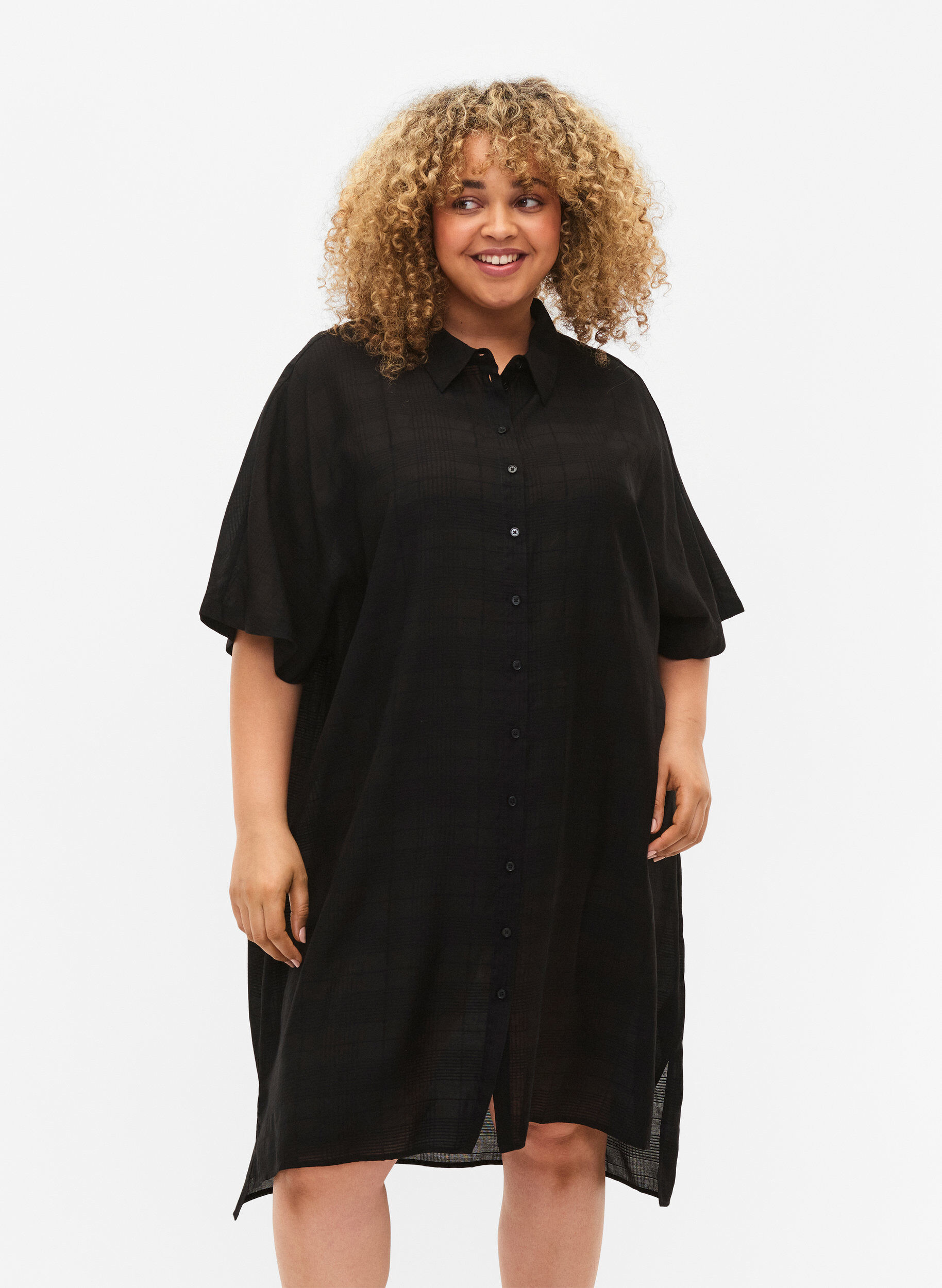Zizzifashion Long shirt in viscose with texture, Black, Model image number 0