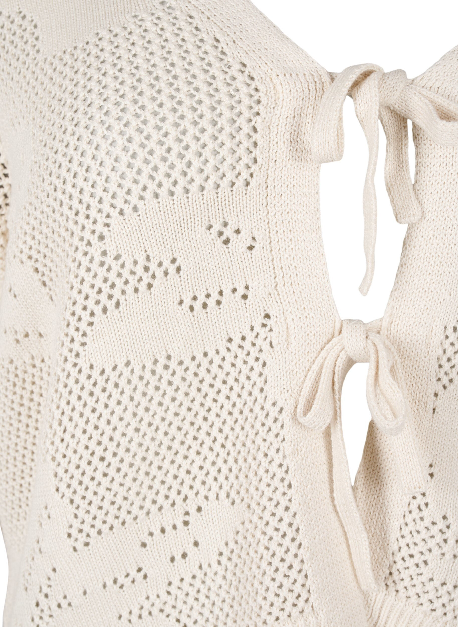 Zizzifashion Knitted cardigan with openwork pattern and tie strings, Birch, Packshot image number 2