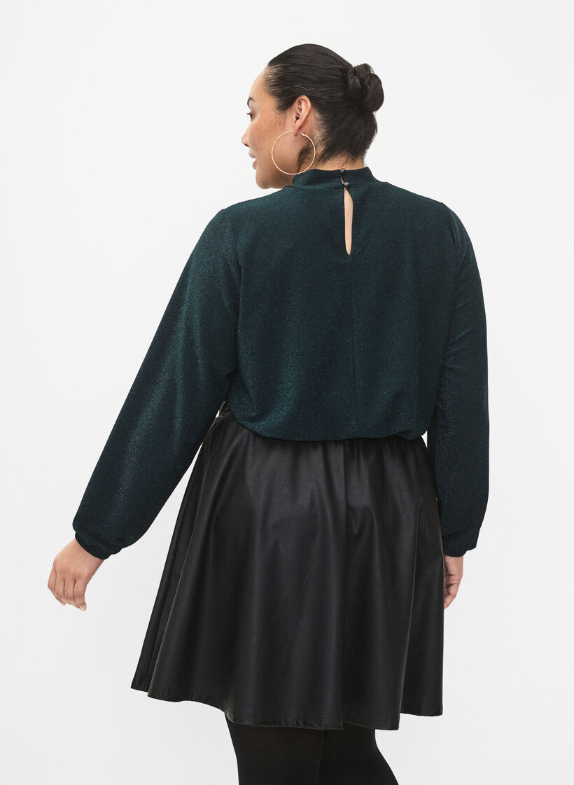 Long-sleeved glitter blouse with round neck and V-detail, Black Scarab, Model image number 1