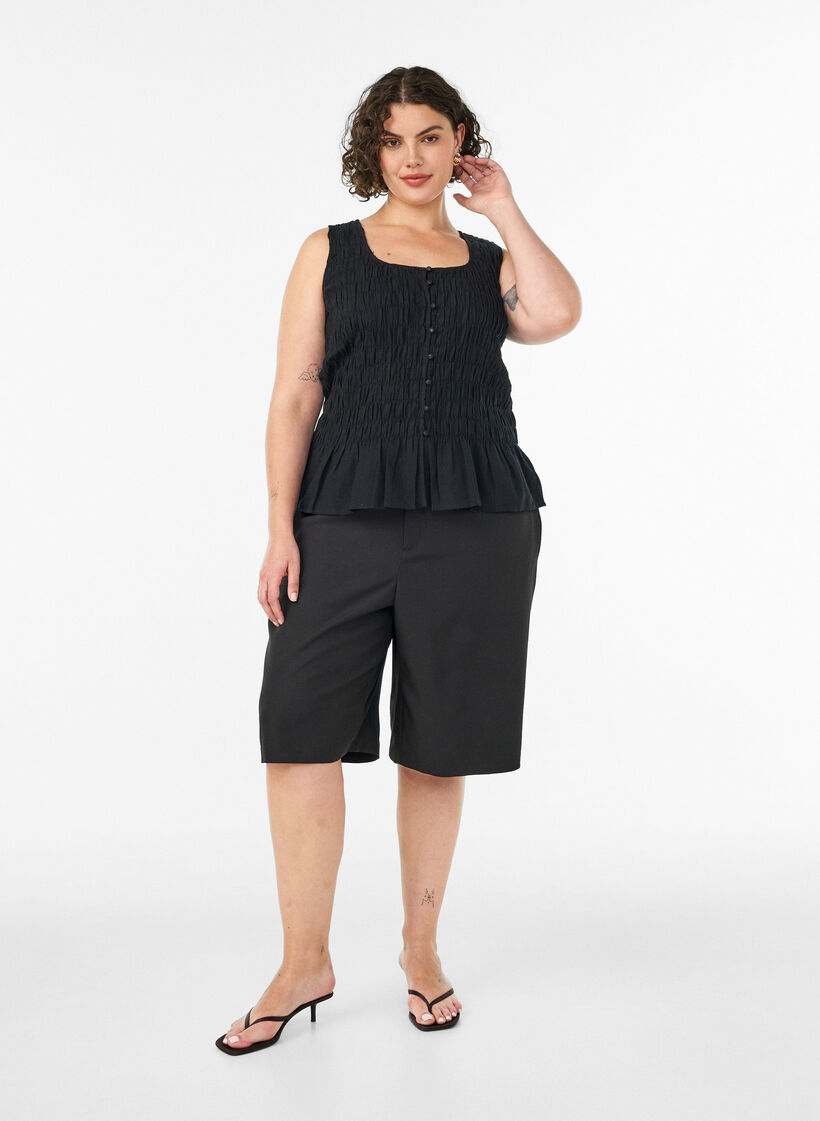Sleeveless cotton and linen top with smock, Black, Model image number 1