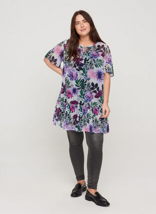 Short-sleeved tunic with a floral print, Purple Flower mix, Model image number 2