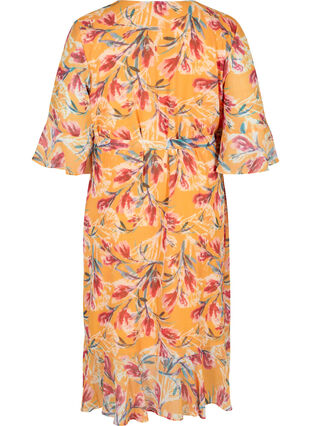 Floral wrap dress with 3/4-length sleeves, Cadmium Yellow AOP, Packshot image number 1
