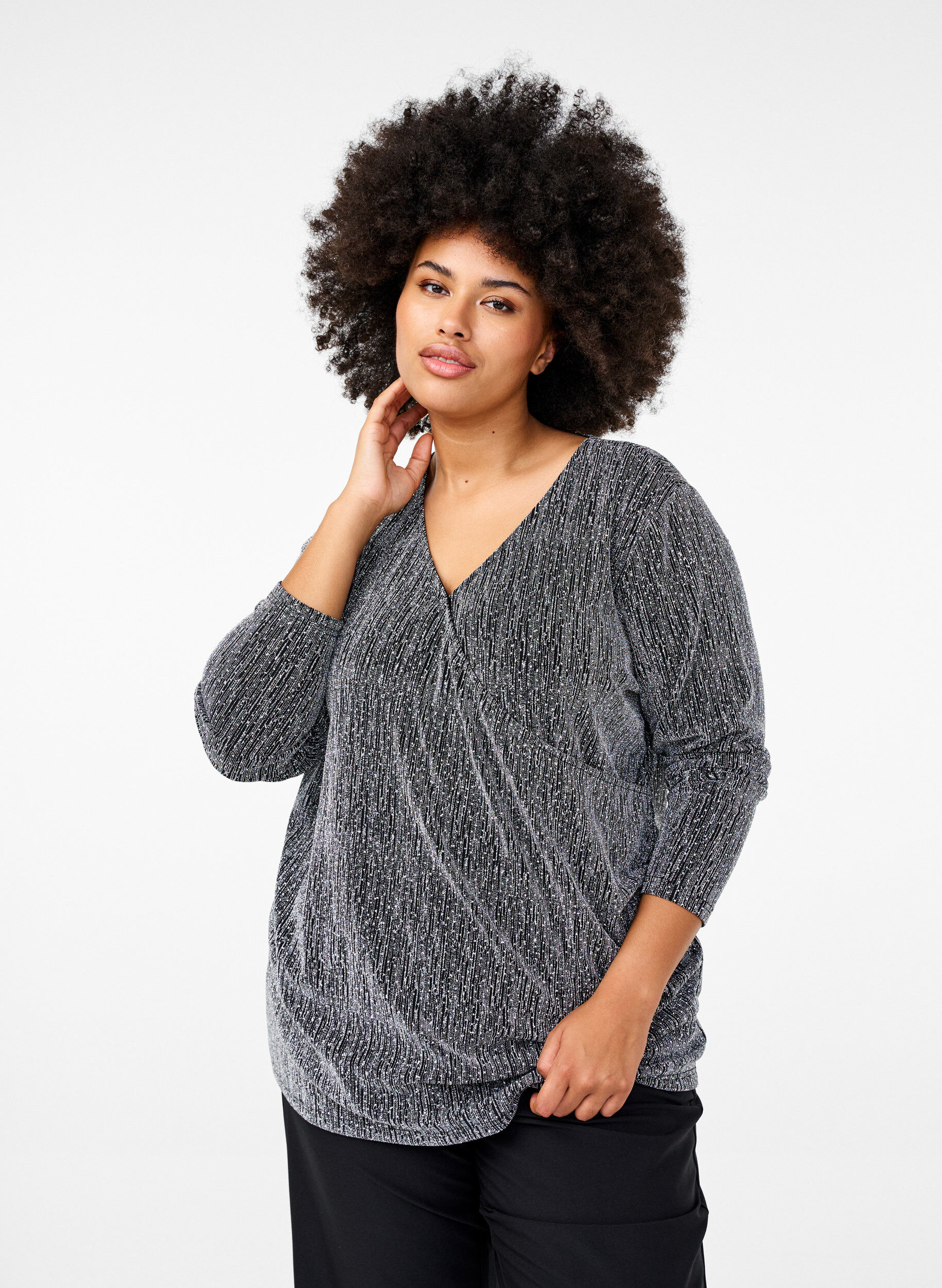 Zizzifashion Wrap-look glitter party top, Black, Model image number 0