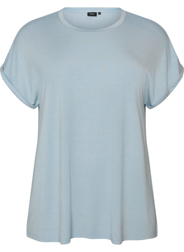Viscose T-shirt with glitter stripes, Light Blue, Packshot image number 0