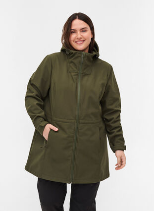 Hooded softshell jacket with adjustable waist, Forest Night, Model image number 0