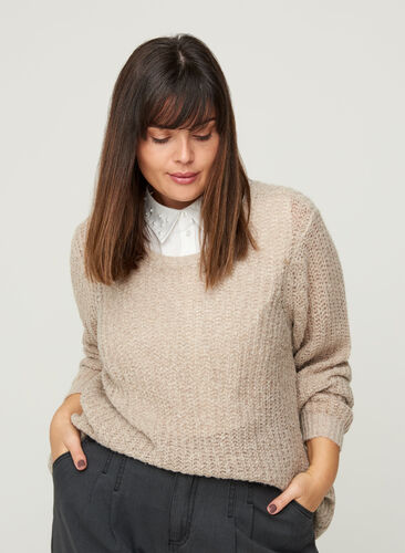 Marled knitted blouse with a back detail, Pumice Stone mel, Model image number 0