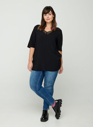 Viscose blouse with a V-neck and lace, Black, Model image number 2