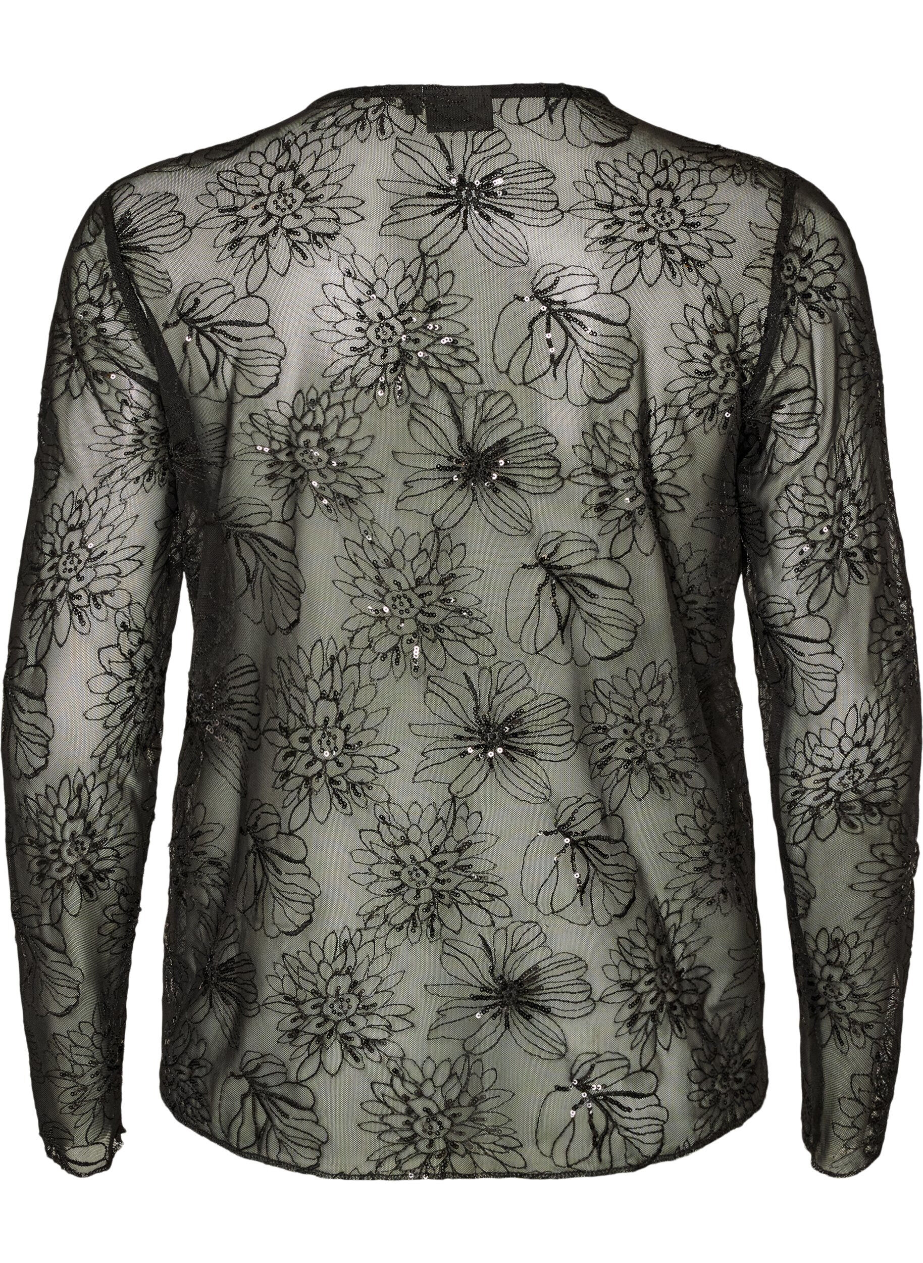 ZizzifashionMesh blouse with flowers and sequins, Black, Packshot image number 1