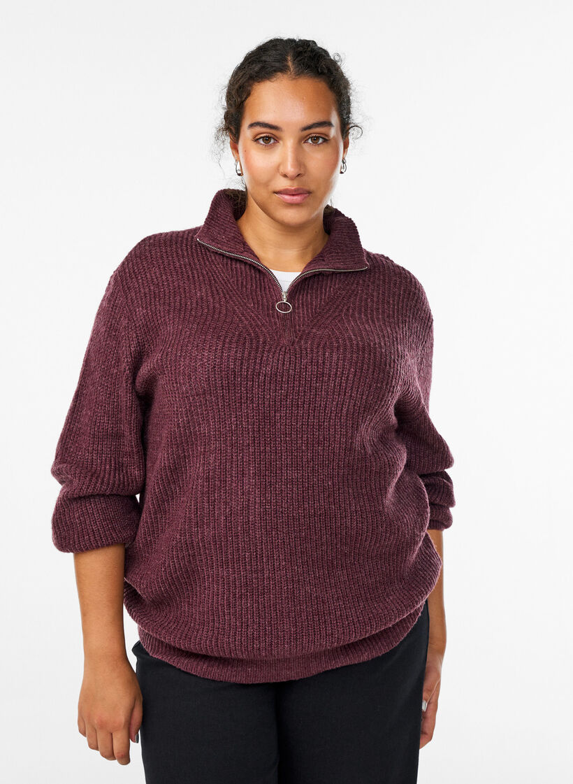 Knitted sweater with high neck and zipper, Red, Model image number 0