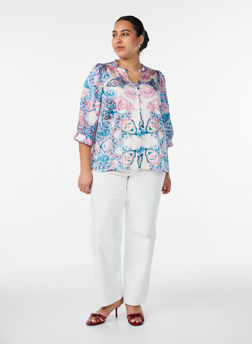Satin-look blouse with a paisley print and 3/4 sleeves, Blue, Model image number 1