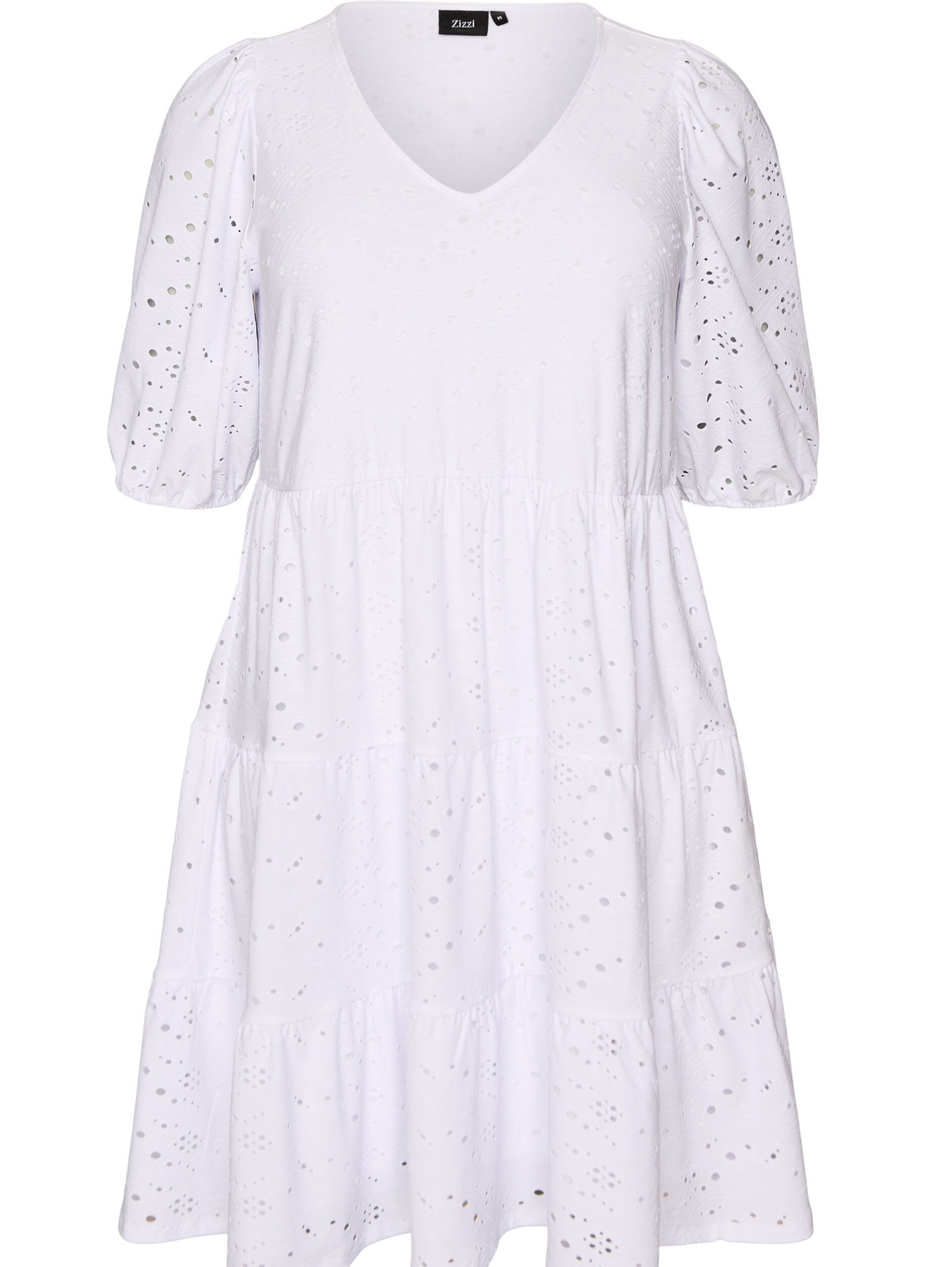Broderie anglaise dress with a V-neck and 1/2 sleeves