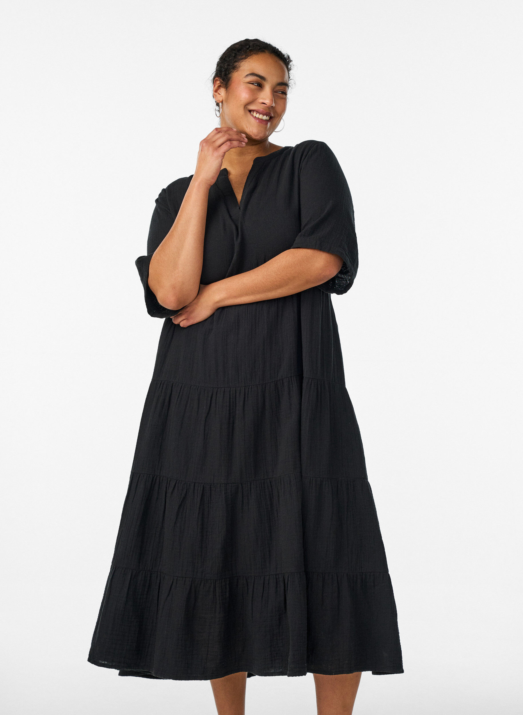 A-line midi dress in cotton muslin, Black, Model