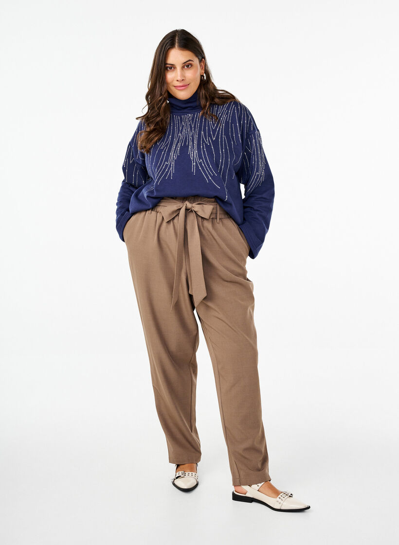 High-waisted trousers with ruffles and a tie belt, Walnut Melange, Model image number 0