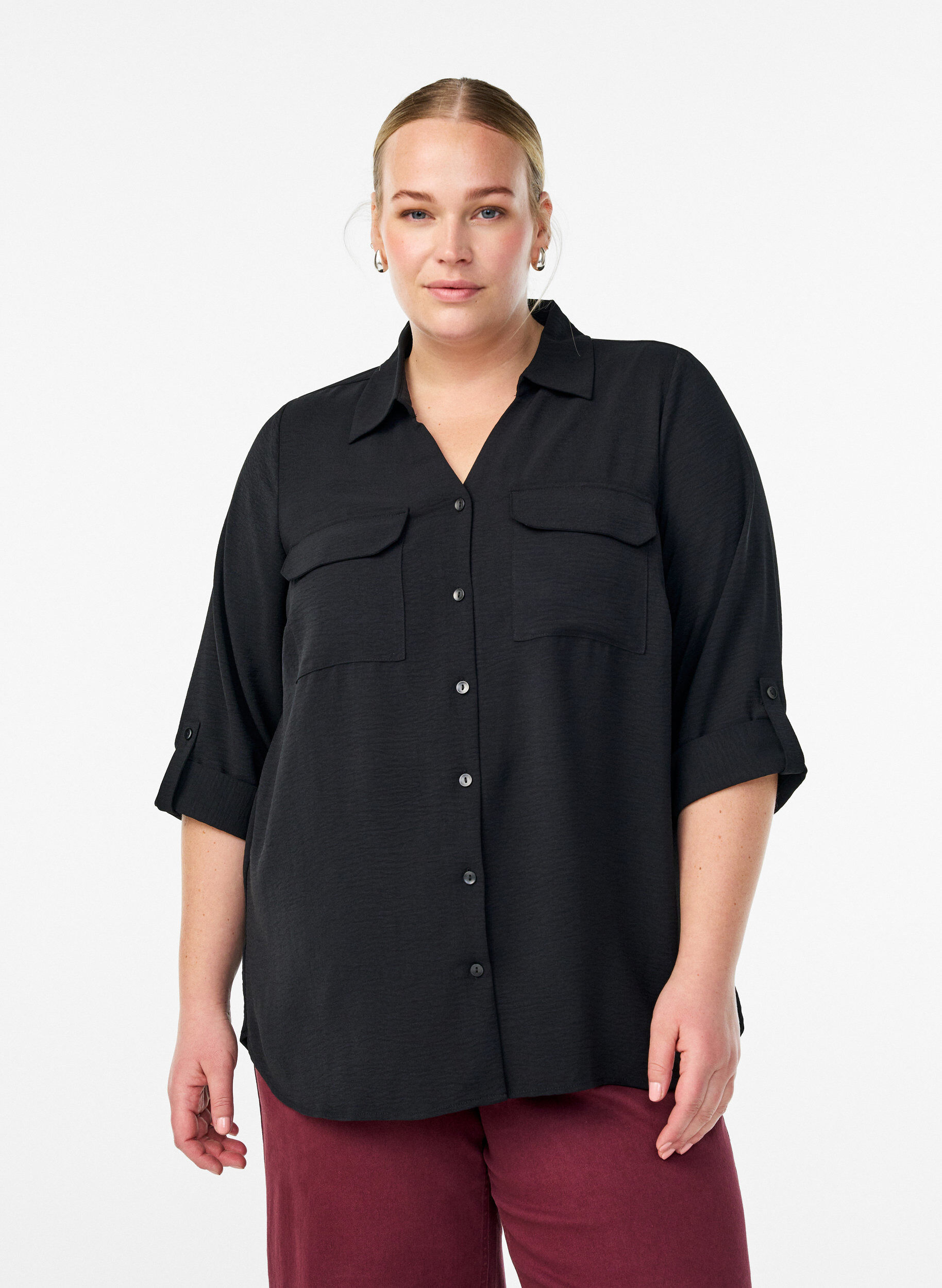 FLASH - Shirt with chest pockets and 3/4 sleeves, Black, Model
