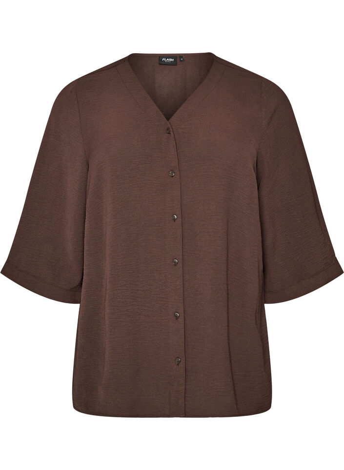 Shirt blouse with V-neck and 3/4 sleeves, Brown, Packshot image number 0
