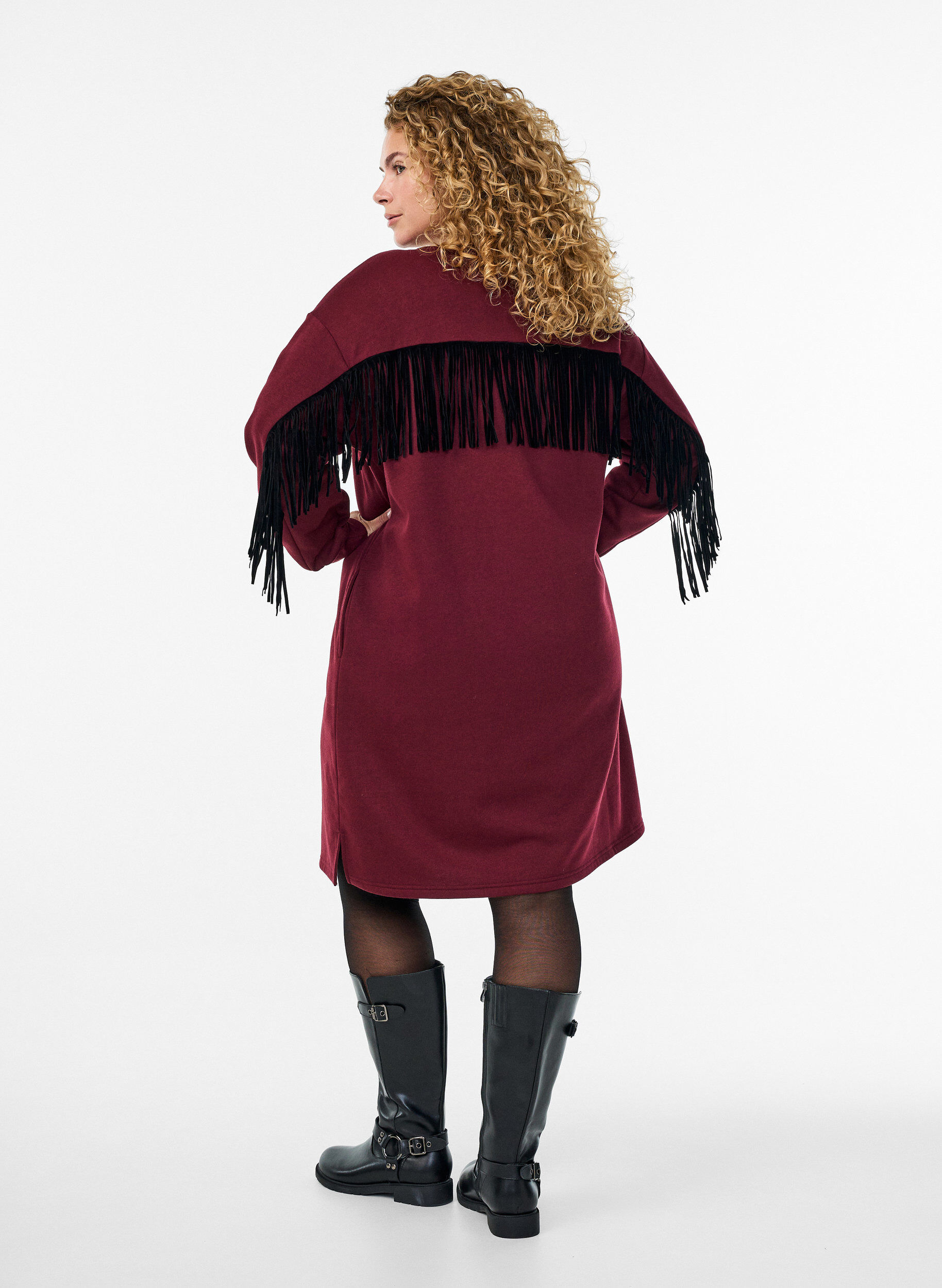 Zizzifashion Knee-length sweat dress with fringes, Dark Bordeaux, Model image number 2