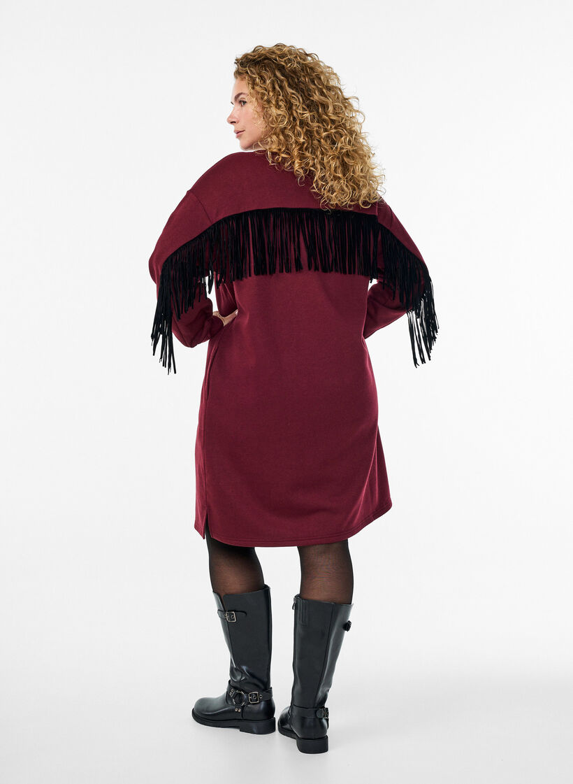 Knee-length sweat dress with fringes, Dark Bordeaux, Model image number 2