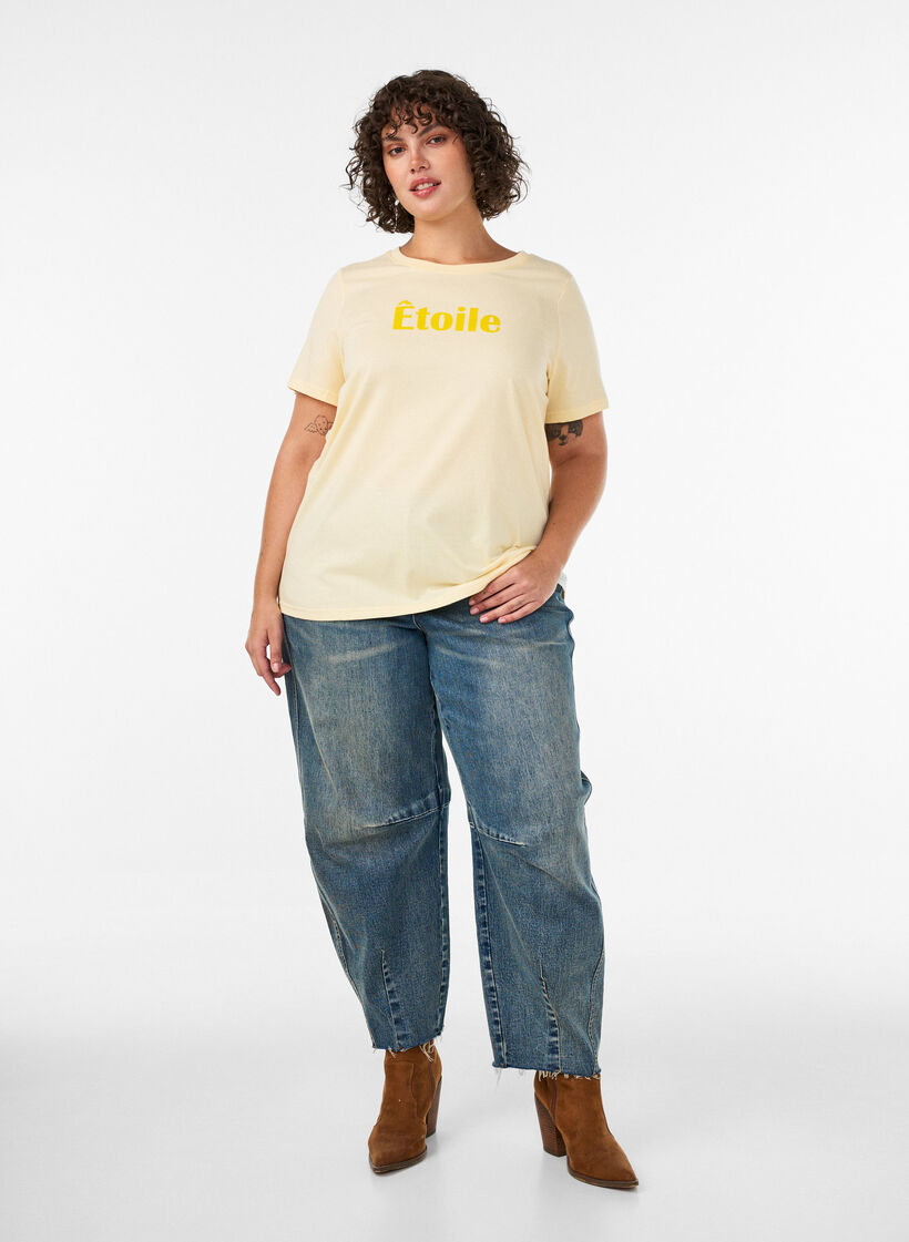 Organic cotton T-shirt with velour text, Yellow, Model image number 1